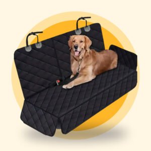 Golden retriever lying on the quilted dog car seat cover